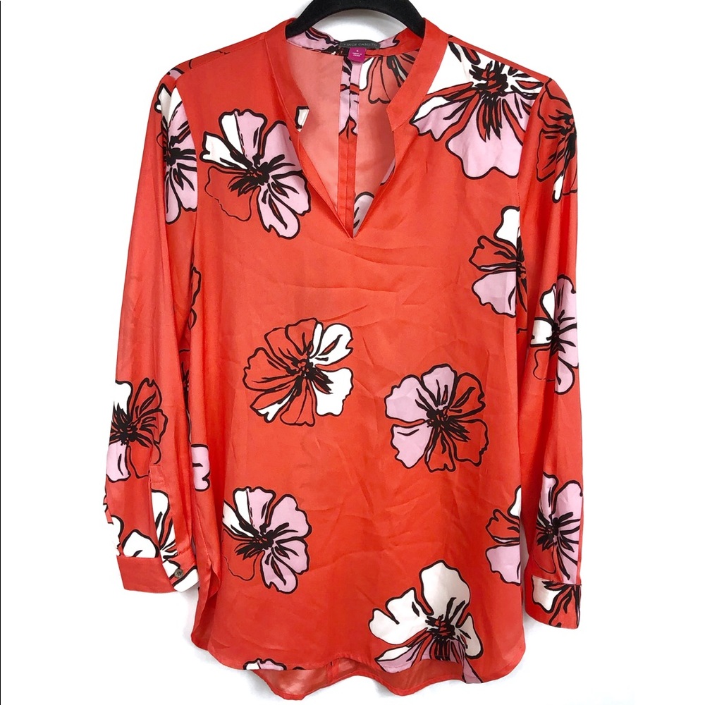 Vince Camuto Hibiscus Blouse Floral Top Long Sleeve Coral Orange Small